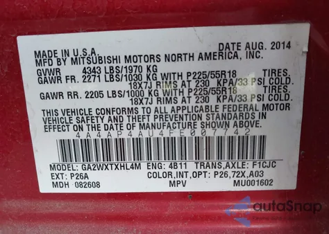 2015 Mitsubishi Outlander Sport Se из США, поврежденный, VIN 4A4AP4AU4FE007742